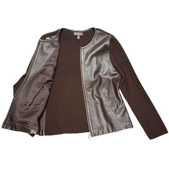 Retro Classiques Entier Brown Leather Ribbed Merino Wool Cardigan Jacket - Picture 3 of 7